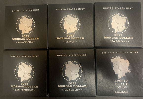 2021 Silver Dollar Complete 6pc Set in OGP. 2021 Peace Dollar, 2021 Morgan Dollars, P, D, S, O, CC