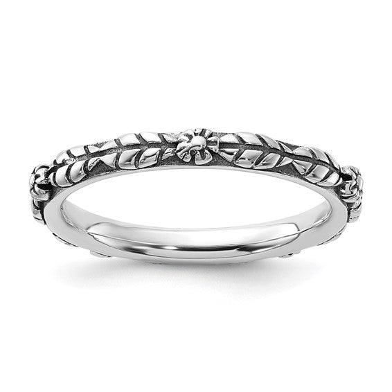 Sterling Silver Stackable Expressions Oxidized and Textured Flowers Ring