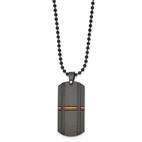 Chisel Stainless Steel Polished Black and Brown IP-plated Solid Black Carbon Fiber Dog Tag on a 24 inch Ball Chain Necklace