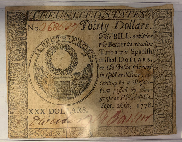 1778 Continental Currency $30 XF/AU