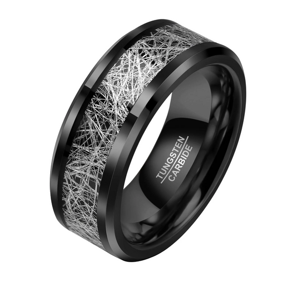 Tungsten Black Carbide Wedding with Gold Imitated Meteorite Inlay Men's Ring