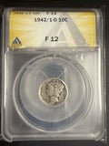 1942/1-D Mercury Dime, F-12 ANACS (10399)