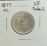 1877-CC Seated Liberty Quarter, VF Detail. (11454)