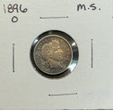 1896-O Barber Dime, MS60+ (11466). Key Date.