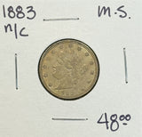 1883 N/C Liberty "V" Nickel. MS60+  (11502)
