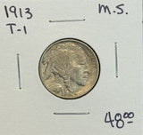 1913 T-1 Buffalo Nickel. MS60+  (11504)
