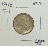 1913 T-1 Buffalo Nickel. MS60+  (11508)