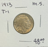 1913 T-1 Buffalo Nickel. MS60+  (11510)