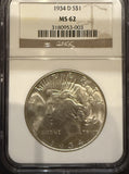 1934-D Peace Silver Dollar, MS62 NGC (11724)