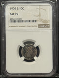 1904-S Barber Dime, AU55 NGC, (11994) Great Color!