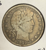 1909-S Barber Half Dollar, Circulated. (12125)