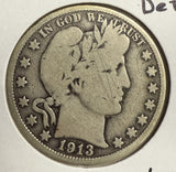1913 Barber Half Dollar, Circulated. (12127)