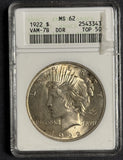 1922-S Peace Dollar, Mint Error ANACS MS62 (12411) VAM-7B DDR