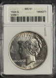 1924 Peace Silver Dollar, VAM-1 MS61 ANACS Soapbox Holder. (12438)