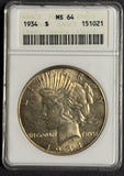 1934 Peace Silver Dollar, MS64 ANACS Soapbox Holder. (12444)