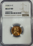 1938-D Lincoln Cent MS67RD NGC, (12542)