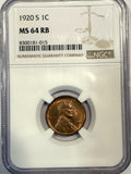 1920-S Lincoln Cent MS64RB NGC (12601)