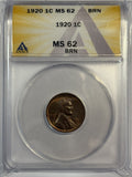 1920 Lincoln Cent MS62BN, ANACS (12607)