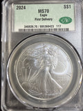 2024 American Silver Eagle, MS70 CAC First Delivery. Stock Photo