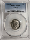1913-D Type-1 Buffalo Nickel, MS64 PCGS, (13122)