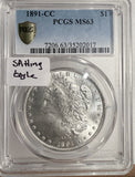 1891-CC Morgan Silver Dollar, MS63 PCGS. "Spitting Eagle" (13202)