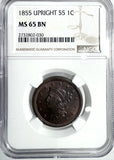1855 Large Cent, Upright 5's MS65BN NGC, (13228)