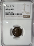 1922-D Lincoln Wheat Cent, MS62BN NGC (13264)