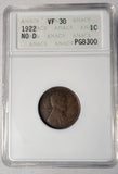 1922-P No D, Strong Reverse Lincoln Wheat Cent, VF30 ANACS. (13508)