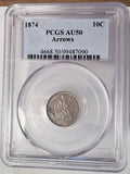 1874 Seated Dime W/Arrows AU50 PCGS, (13524)