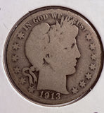 1913-D Barber Half Dollar, Circulated. (13747)