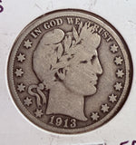 1913-S Barber Half Dollar, Circulated. (13749)