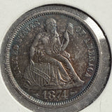 1874 Seated Liberty Dime, MS63+, (13955)