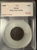 1806 Half Cent,Draped Bust Small 6 Stemless, XF45 SEGS (14072)