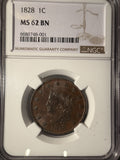 1828 Large Cent, Coronet Head, MS62BN NGC, (14078)