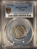 1937-D Buffalo Nickel, 3-Leg VF30, PCGS (14188)