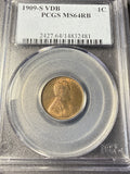 1909-S VDB Lincoln Wheat Cent, MS64RB, PCGS. (14922)