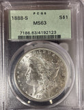 1888-S Morgan Silver Dollar, MS63 PCGS OGH, (14960)
