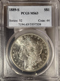 1889-S Morgan Silver Dollar, MS63 PCGS, (14964)