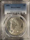 1891 Morgan Silver Dollar, MS63 PCGS, (14972)