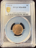 1912-S Lincoln Wheat Cent, MS64RB PCGS (14998)