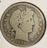 1894-S Barber Half Dollar, Circulated. (15088)