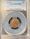 1916-S Lincoln Wheat Cent,MS64RB PCGS, (15117)