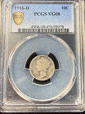1916-D Mercury Dime, Key Date, VG08 PCGS (15138)