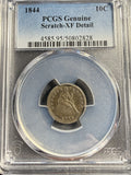 1844 Seated Liberty Dime, XF Det, PCGS, (15398) Key Date