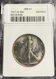 1917-D REV Walking Liberty Half Dollar, MS61 ANACS (15459)