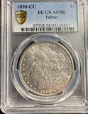 1890-CC TAILBAR Morgan Silver Dollar, AU58 PCGS GS, (15485)
