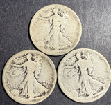 Lot, 1916-D, 1921-S, 1923-S,  Walking Liberty Half, Average Circulated. (15764)