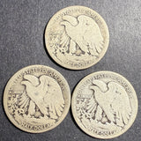 Lot, 1916-D, 1921-S, 1923-S,  Walking Liberty Half, Average Circulated. (15764)