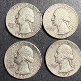 Lot, 4 pcs 1940-S Washington Quarters XF (15766)