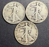 Lot 3pcs, 1929-S Walking Liberty Half Dollars, Average Circulated. (15770)